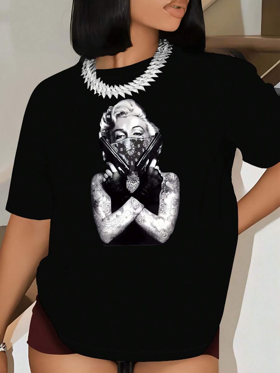1pc Camiseta de Mujer Estilo Y2K, Top de Cuello Redondo de Poliéster con Impresión Gráfica de Figura Hip Hop, Camiseta de Tejido de Manga Corta Casual para Todas las Estaciones - Negro - Ver 1