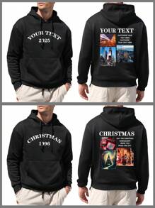 Customized Photo & Text Men's Hoodie Sweatshirt, Personalize With Your Own Image, Landscape/Cartoon/Lover/Family, Text/Name/Blessing/Holiday/Anniversary, Customized Text, Birthday/Valentine's Day/Father's Day/Party/Birthday Gift, Halloween/Back To School/Christmas Holiday, Autumn/Winter Clothing, Gift For Him Black Tops, Men's Fleece Hoodie, Autumn/Winter Fleece Casual Pullover Hoodie, Men's Black Jacket, Best Friend Gift