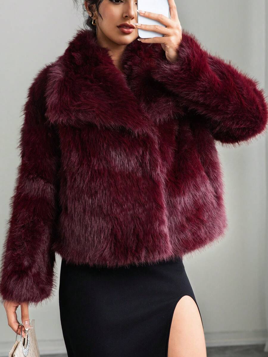 仿毛皮毛绒蓬松保暖长袖秋冬外套 - 紅色 - 查看 1