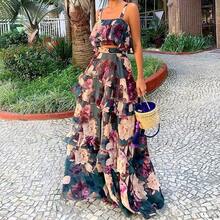Women's Summer 2 Piece Outfits Floral Print Strap Crop Tops Tiered Ruffle Skirt Sets Maxi Long Dress - 圖片色 - 查看 2