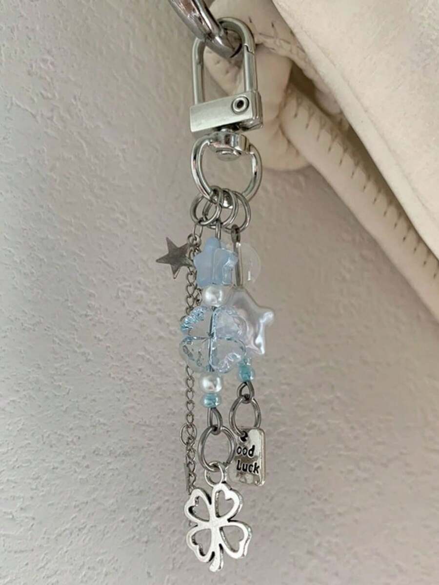 1个男女通用四叶草手机挂绳钥匙扣，手工串珠挂绳，送给亲朋好友的礼物 - 淺藍色 - 查看 1