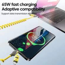 65W Multifunctional Four-In-One USB-C Retractable Cable, PD Super Fast Charging And Data Synchronization, Silicone Material, Multi-Port Charging With Indicator Light, Compatible With IPhone, Compatible With IPad, Compatible With Xiaomi, Compatible With Huawei, OPPO And More Mobile Phone Charging Compatible With IPhone, Android, Camera, MP3 Universal Adapter Charger