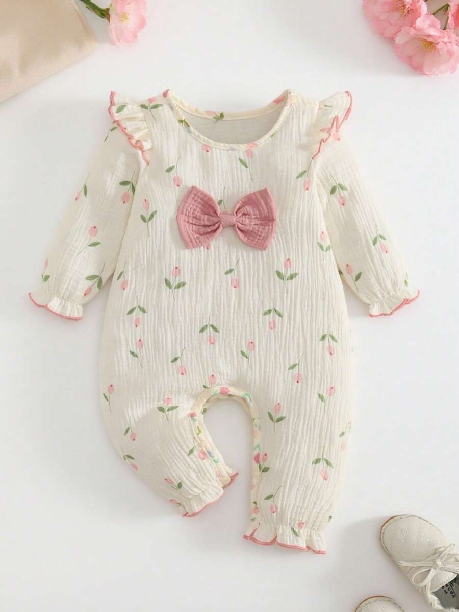MommBaby MommBaby Baby Girls' Ruffled Floral Long Sleeve Jumpsuit, Cute For Spring & Autumn