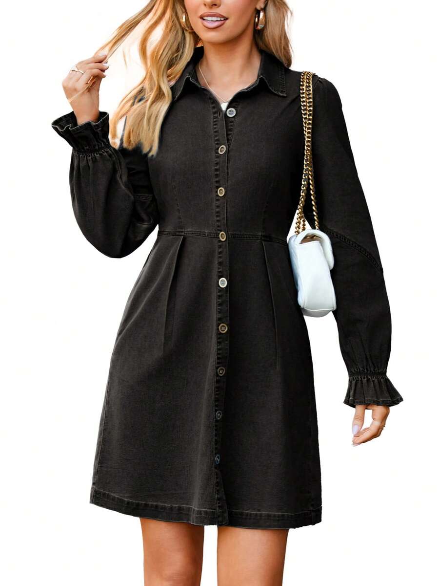 Women's 2025 Denim Dress Lantern Long Sleeve Babydoll Button Casual Collar Mini Jean Dresses - 牛仔黑 - 查看 1