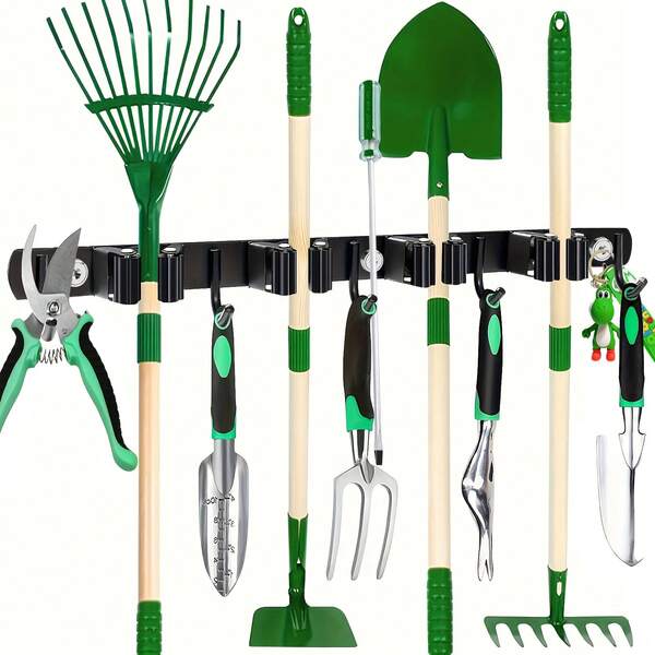 1pc Heavy Duty Black Magnetic Holder With 4 Slots And 5 Hooks - Multipurpose Wall Mounted Storage For Brooms, Mops, Garden Tools And Garage Equipment