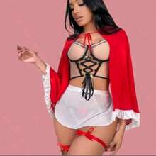 Lencería erótica disfraz de Caperucita sexy para mujer, conjunto con detalles de encaje y satén, ideal para juegos de rol, noches íntimas y sorpresas especiales, incluye vestido, capa y accesorios, diseñado para experiencias sensuales y seductoras adultas - Rojo y blanco - Ver 3