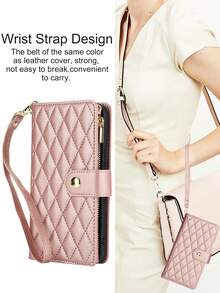 PU 仿皮翻盖手机壳适用于 17 Air 16E 16 15 14 13 12 Mini 11 Pro X XS Max XR 8 7 Plus SE 5G 2022 2020，拉链手机袋 - 玫瑰金 - 查看 6