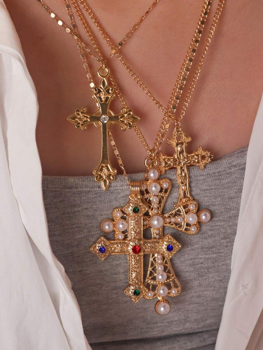 4件套赛博朋克十字架项链配饰，夸张多层项链吊坠，时尚百搭