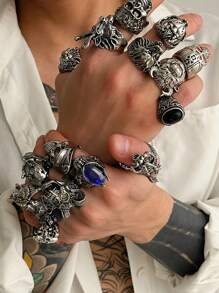 16pcs Punk Style Skull Gemstone Ring Set, Casual Everyday Wear For Men - Multicolor - View 1