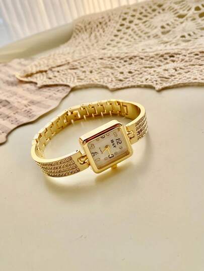 1 Stück Damen Quarz Armbanduhr mit Strass, quadratisch, goldfarben, vielseitig einsetzbar, geeignet für den täglichen Gebrauch