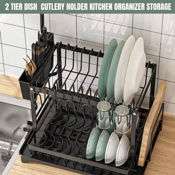 2 Tier Dish Drainer Drying Rack With Cup Holder Cutlery Tray Kitchen Organiser