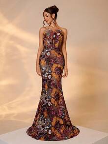 Luxury Embroidered Bead Decor Elegant Women Long Dress, Halter Backless Design - Multicolor - View 4