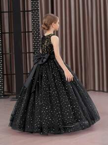 少女亮片3D蝴蝶结薄纱派对礼服，黑色优雅公主裙，适合女孩生日派对、舞会、婚礼、感恩节、毕业典礼等场合。 - 黑色 - 查看 4