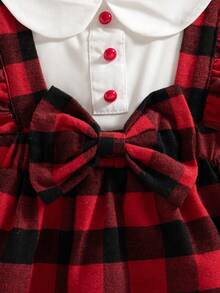 秋冬女婴套装：可爱彼得潘领衬衫、红色格子背带裙、蝴蝶结袜子、头带 - 紅色 - 查看 5
