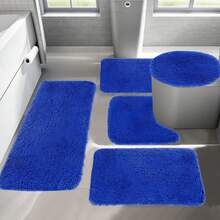 5-Piece Bathroom Rugs Set - Ultra Soft Velvet Fleece Mats, Non-Slip Absorbent Machine Washable, Contour & Toilet Lid Cover, Rectangular Mats For Modern Bathrooms, Thick Pile Foot Massage, Perfect For Bedroom Decor, Tub, Toilet Floor, Shower Room - Màu xanh lam - Xem 5