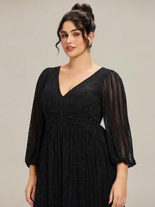 Plus Size Elegant Deep V-Neck Lantern Sleeve Sparkly Stretch Fabric Black Formal Evening Dresses Prom Spring Wedding Guest Dresses For Wedding Birthday Party Dinner - Black - View 6