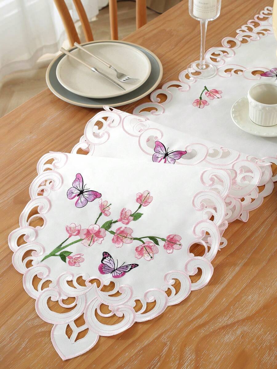 100% Polyester Fabric Delicate Embroidered Hollow-Out Crafted Kitchen/Dining Table Runner, Pink, Home Decor, Holiday Decor, Indoor/Outdoor, Party/Wedding, 1pc - Multicolor - View 1
