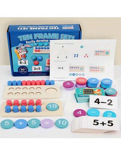 10-Grid Wooden Calculation Frame, Math Counter And Sorting Toy, Early Math Learning Montessori Educational Tool For Kids