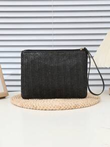 1 件草编手拿包，黑色条纹编织女士手拿包钱包、手提包、零钱包、钥匙包