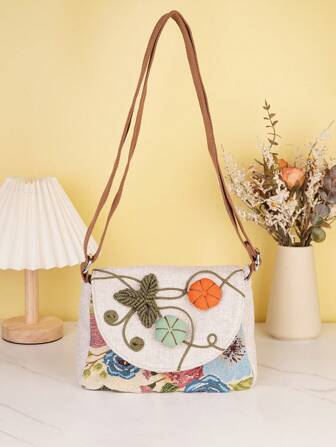 1pc (Random Cut) Bohemian Handmade Woven Pumpkin Flower Shoulder Bag, Multi-Compartment Flap Cover Crossbody 2-Way Bag