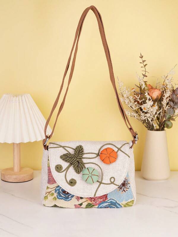 1pc (Random Cut) Bohemian Handmade Woven Pumpkin Flower Shoulder Bag, Multi-Compartment Flap Cover Crossbody 2-Way Bag