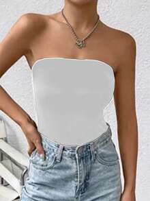 Black Knit Tube Top | Stretchy Fitted Strapless Essential Item, Contouring Silhouette, Versatile Layering Piece - White - View 2