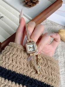 1pc Exquisite Women's Rhinestone Fine Watch Strap Square Gold Casual Versatile Quartz Wristwatch, Suitable For Everyday Wear Daily Matching