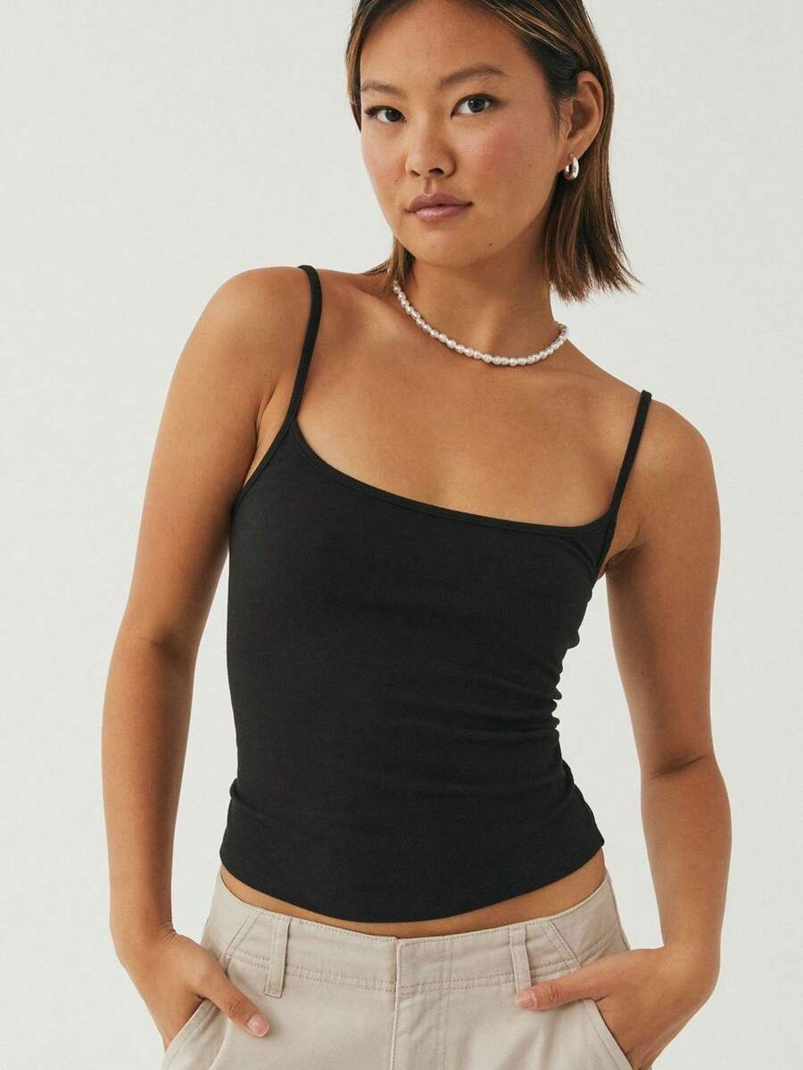 Aesthetic Moda Basic Strappy Tank Top - 黑色 - 查看 1