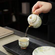 Heritage 镀金玉兰杯 - 汝窑腰形茶具，玛瑙釉，裂纹纹理，豪华礼品盒，适合居家和宾客