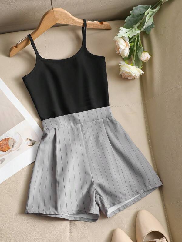 2pcs/Set Young Girl Back To School Casual Fashion Outdoor Sports Vacation Crop Top & Striped Shorts Outfit