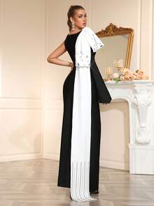 New Sexy One Shoulder Long Sleeve Round Neck Long Ribbon Decor Fitted Long Bandage Dress, Elegant Women Formal Banquet Holiday Party Gown - Black - View 5