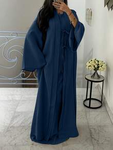 Women's Elegant Middle Eastern Style Sleeveless Robe And Bowknot Long Cardigan Two Pieces Set Eid Spring - Navy Blue - View 1