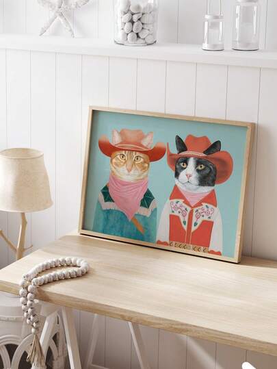 1 Piece Cowboy Cat Canvas Art Print Orange Black White Cats Wall Art Vogue Animals Poster Western Modern Room Decor Cafe Bar Living Room Bedroom Wall Decorative Cat Lover's Gift No Frame