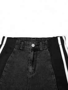 女士时尚条纹拼接阔腿裤，新款休闲高腰弹力直筒长裤