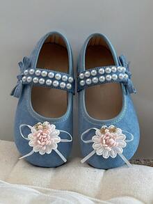 1 Pair New Summer Rhinestone Butterfly Pearl Floral Decor Suede Leather Lightweight Shallow Buckle Sweet Princess Style Little Leather Shoes, Suitable For Parties And Daily Outings - Blue - View 1