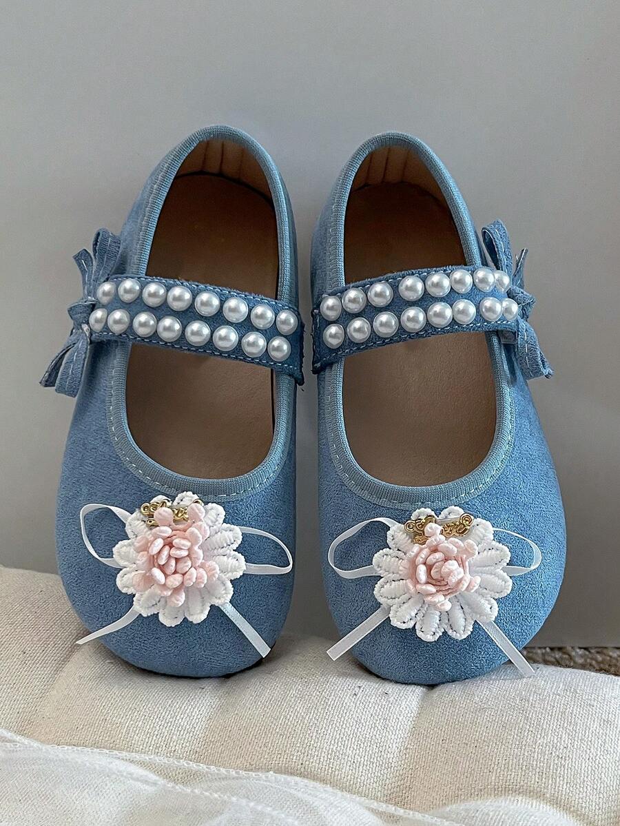 1 Pair New Summer Rhinestone Butterfly Pearl Floral Decor Suede Leather Lightweight Shallow Buckle Sweet Princess Style Little Leather Shoes, Suitable For Parties And Daily Outings - Blue - View 1