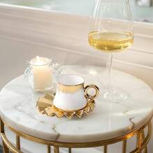 6-Piece Turkish Coffee Cup Set - 3.5oz Ceramic Espresso Cups With Gold-Plated Rims & Saucers - Ottoman-Style Gold Design In Gift Box - White - View 10