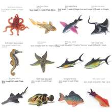 Juguetes realistas de criaturas marinas de silicona suave, modelo de juego de simulación, regalos para niños, decoración y aprendizaje, incluye medusa, caballito de mar, piraña, pulpo, pez volador, estrella de mar, calamar, atún, pez sierra, mero, tiburón cebra, compañero para el crecimiento del niño
