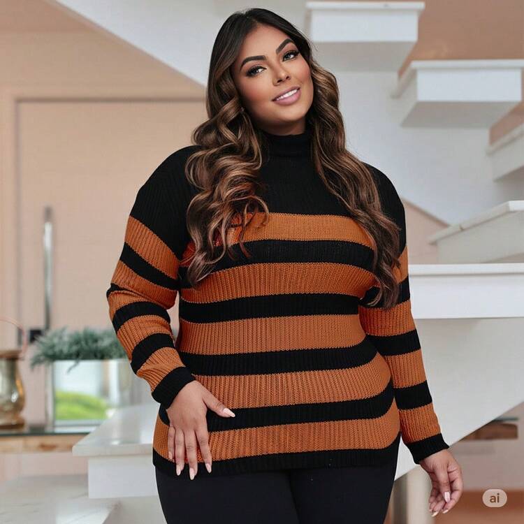 Plus Size Cold Knit Cacharrel Blouse With Thick Stripes And High Neck For Women - Black and Terracotta - View 2
