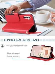 AWQUER 适用于三星Galaxy手机的钱包式翻盖保护套，适用于17E/17Air/16E/16/15/14/13/12/Mini/11 Pro/X/XS Max/XR/8/7/6 Plus/SE（2020/2022款），带信用卡槽，PU皮革材质，国际版，非国内版 - 紅色 - 查看 5