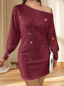 Women Y2k Sparkly Sequins Babydoll Mini Dress Shiny Long Sleeve Crewneck Glitter Short Club Party Dress