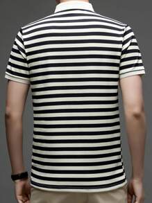 针织男士条纹Polo衫 - 时尚舒适 - 针织 - 黑色 - 查看 5