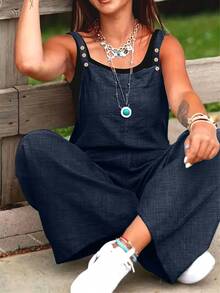 1 件女式纯色编织面料纽扣口袋连体裤，适合节日、日常、生日派对、返校派对、单身派对、旅行、所有季节