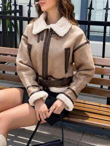 DEEKA 秋冬新款女式仿皮毛内衬机车夹克短外套 - 卡其色 - 查看 9