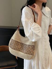 女士镂空单肩包可调节肩带草编旅行手提包时尚托特包女士夏季日常包女士草编沙滩包波西米亚镂空编织手提包大容量手提包PU单肩包斜挎托特包度假