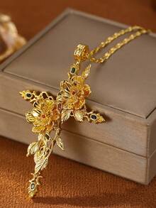 1pc 18K Gold Plated Luxury Diamond Rose Flower Pendant Necklace, Specially Designed For Women's Wedding, Exquisite Craftsmanship Showcasing Elegance And Uniqueness, Comes With Velvet Bag - Gold - View 14