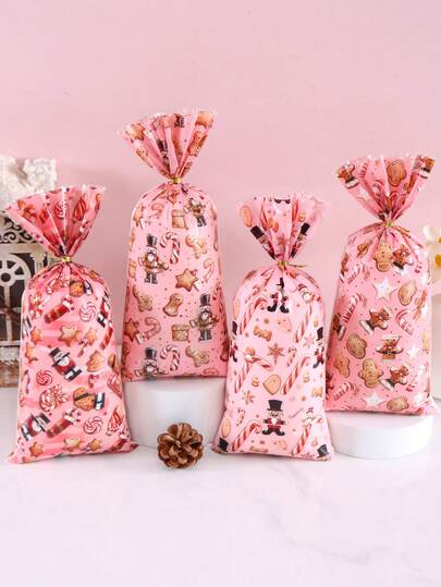 25/50/100 stuks roze Merry Christmas plastic cadeauzakjes, patroon met peperkoekmannetje, transparante snoepzakjes met lint, 2026 kerstdecoratie, geschikt voor thuiskerstviering, duurzame feestcadeauzakjes, cadeauverpakzakjes, wintervakantie kerstfeestdecoratie, 2027 Happy New Year, multifunctioneel kerstcadeau