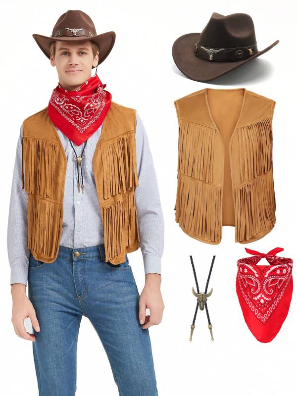 4Pcs/Set Men's Western Cowboy Pioneer Costume Vest Set With Hat, Bandana, And Bull Head Necklace, 1800s Frontier Rancher Outfit For Halloween, Wild West Role Play, Rodeo, Country Music Festivals, And Western Theme Parties