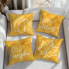 4 件黄色格子背景线条南瓜枫叶秋季装饰抱枕套，45*45 厘米柔软桃皮材质沙发靠垫套，单面印花拉链开合，适用于各种房间类型、房间卧室客厅家居沙发装饰，装饰枕头套