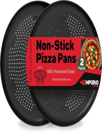 Emporio Kitchen Pizza Baking Pan - 1575-Inch Round Perforated Carbon Steel Tray With Non-Stick Coating, Dishwasher Safe, Oven Safe (Up To 450° F), Airflow Design, PFOA, PFOS, PTFE Free, Gray